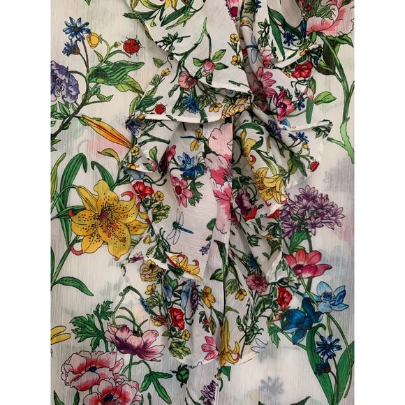 H&M Women Blouse Sz 8 Beige Floral Botanical Plumeti Chiffon Stand Up Collar - Picture 3 of 9